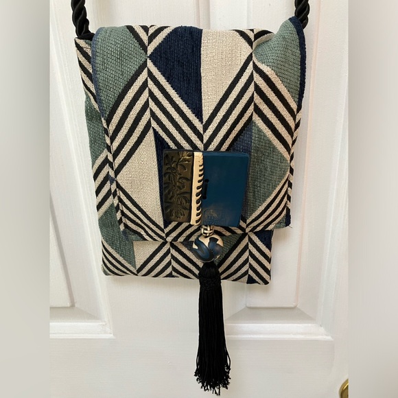 One of a kind fabric, clay, bead, tassel crossbody. Thick black braid-strap. - Picture 1 of 5